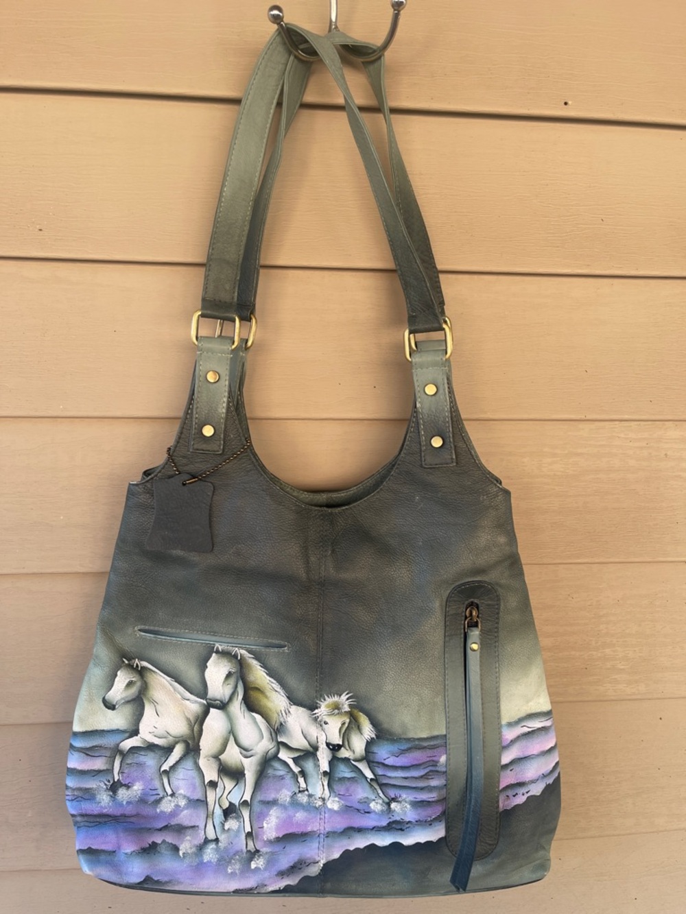 Hand-Painted Gray Leather Tote with White Horses